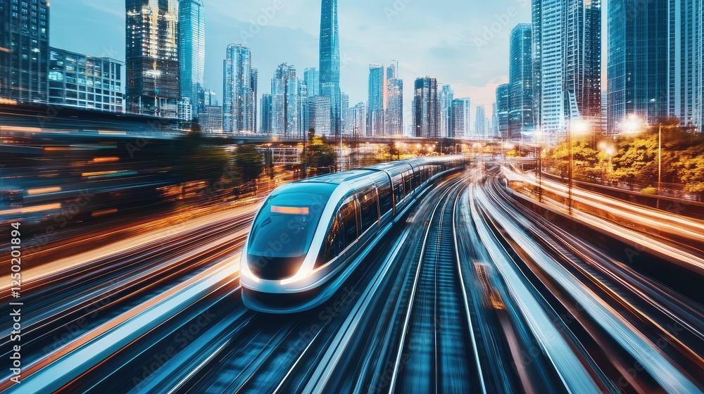 Poster fast-moving train tracing through a modern cityscape with skyscrapers and vibrant light trails in a 