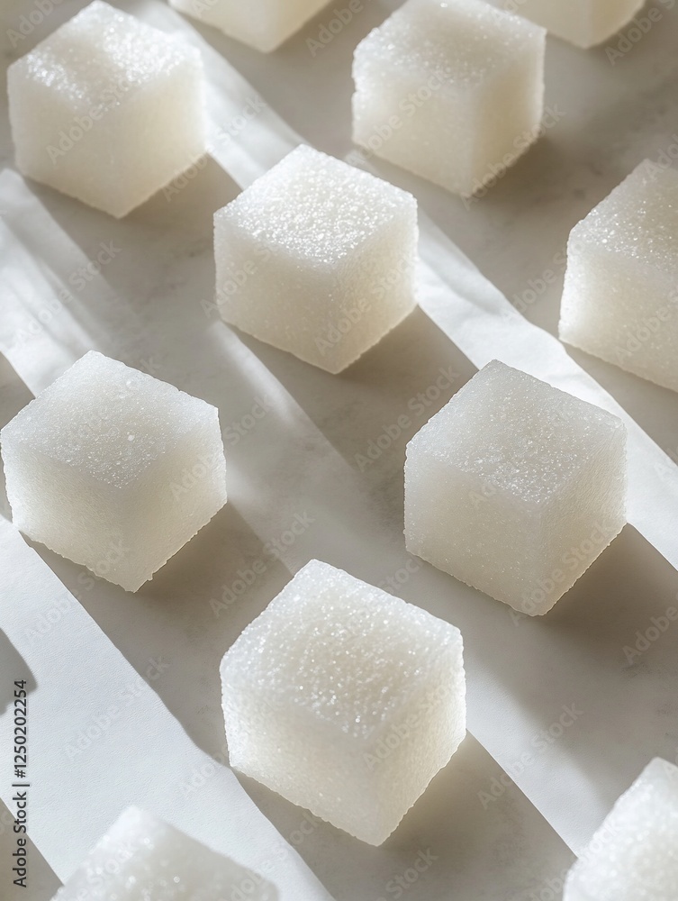 Poster close-up of multiple white sugar cubes arranged in rows on a white surface, illuminated by sunlight 