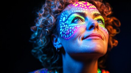 Woman with neon UV makeup and colorful face patterns, glowing softly; abstract artistry blending light and identity.