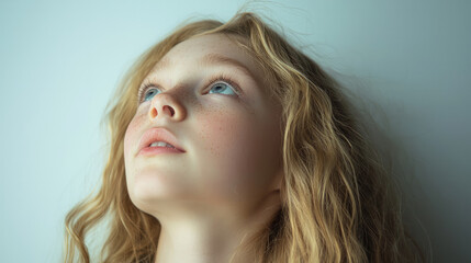 Fototapeta premium A young girl with long blonde hair is looking up, generative AI