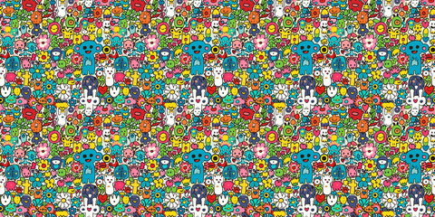 Fototapeta premium Cartoon hand-drawn doodles on the subject of summer holidays theme seamless pattern