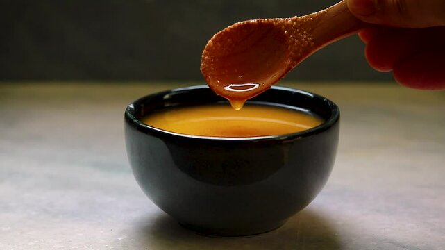 Dripping Ghee from Wooden Spoon into a Black Ceramic Bowl