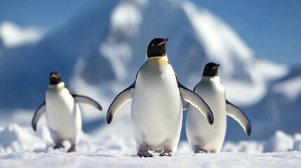 Obraz premium World Penguin Day, A group of Emperor penguins walking on pure white snow with majestic ice mountains in the background, Ai generated images