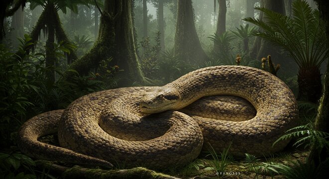 Large snake coiled on the ground in a dense jungle