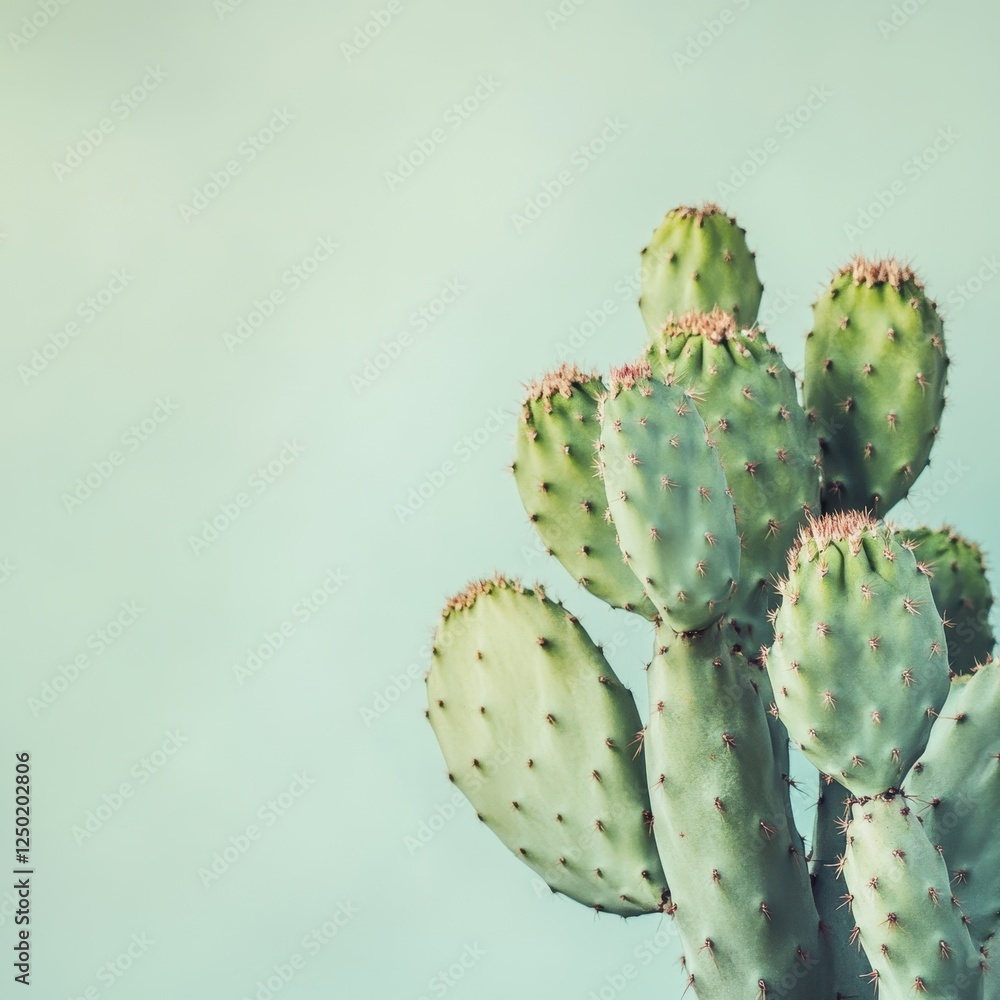 Poster minimalist prickly pear cactus close-up on soft green background for modern design