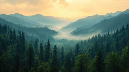 Obraz premium The Mountain Landscape of Pine Forests Blended with Morning Mist: A Natural Background Concept