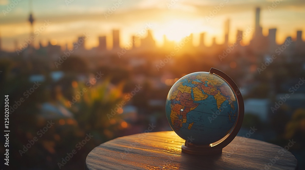 Poster sunset cityscape backdrop with a globe on a table.