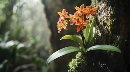 Orange Orchids Bloom on Mossy Tree Trunk in Forest © irawan