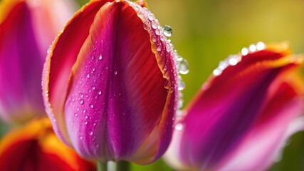 Macro shot of fresh tulip petals covered in morning dew, illuminated by soft sunlight, showcasing intricate dewdrops and rich colors.