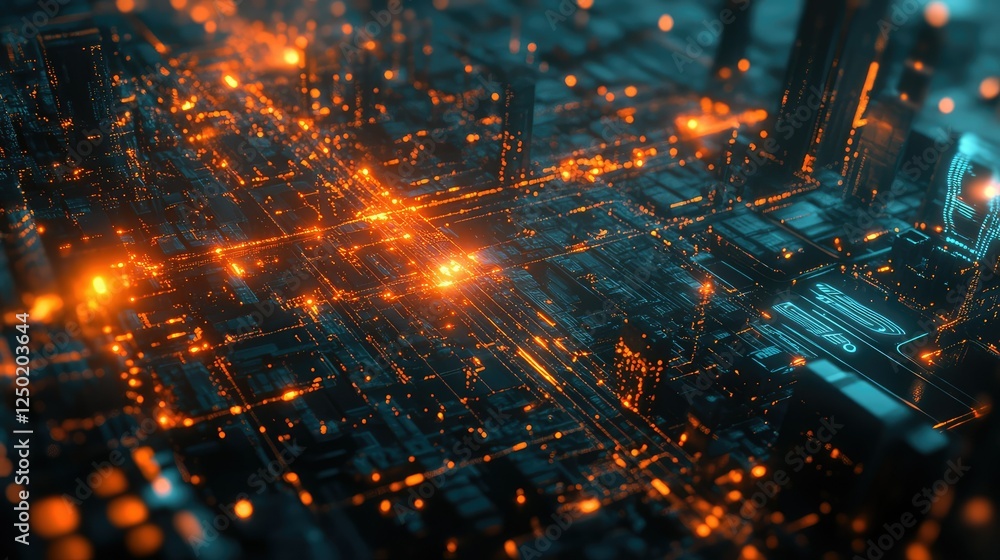 Poster futuristic digital cityscape with glowing circuit patterns and vibrant lights representing advanced 