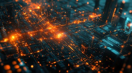 Fototapeta premium Futuristic Digital Cityscape with Glowing Circuit Patterns and Vibrant Lights Representing Advanced Technology and Connectivity in a High-Tech Environment