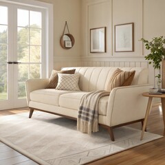 Obraz premium Luxury cream leather sofa set, ornate wooden carved details, classic Italian design, tufted upholstery, living room furniture, elegant floor lamp