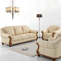 Luxury cream leather sofa set, ornate wooden carved details, classic Italian design, tufted upholstery, living room furniture, elegant floor lamp