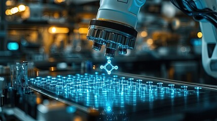 Robotic arm manipulating glowing molecular structure in a high-tech industrial laboratory setting
