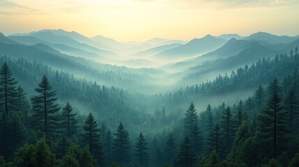 Obraz premium The Mountain Landscape of Pine Forests Blended with Morning Mist: A Natural Background Concept