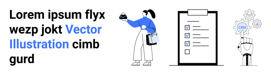 Woman with handbag analyzing an object, checklist on clipboard with marked tasks, and hand holding CRM gear icon symbolizing customer relationship management. Ideal for planning, productivity