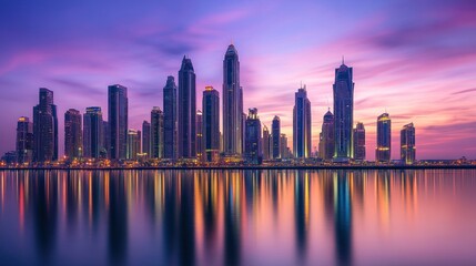 Fototapeta premium Stunning Dubai Skyline Reflecting in the Arabian Gulf at Twilight Hour