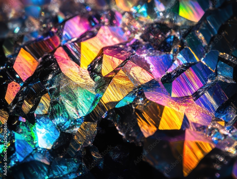 Poster iridescent pyrite cluster close-up a mesmerizing display of rainbow hues.