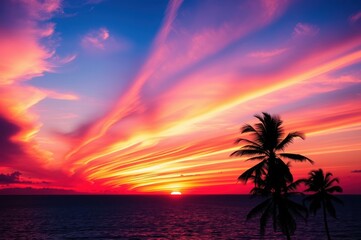 Obraz premium Tropical Sunset Over Ocean with Palm Trees
