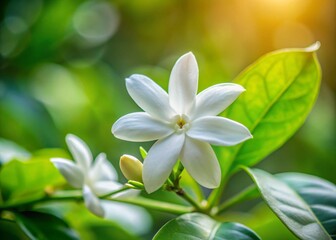 Naklejka premium Jasmine Sambac, White Tropical Flower with Soft Petals, Space for Text, Close-up