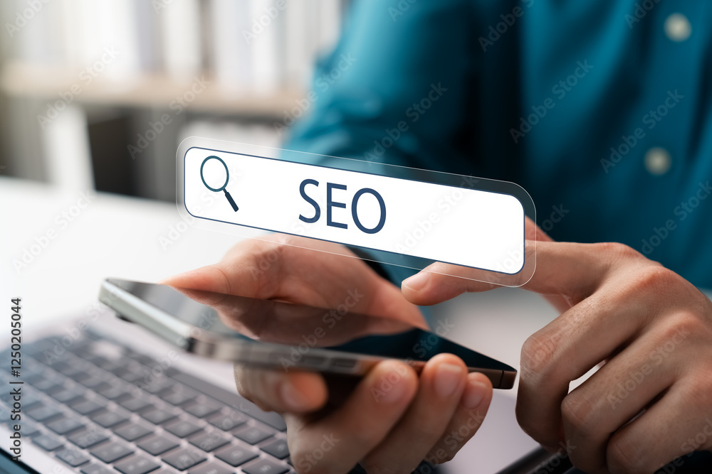 Poster businessman using smartphone to search for information and seo, search engine ranking, boost website
