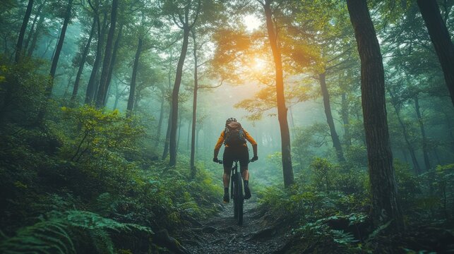Cyclist mountain biking misty forest trail sunrise adventure