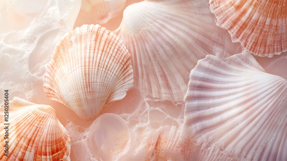 Poster close-up of various seashells on a light background.