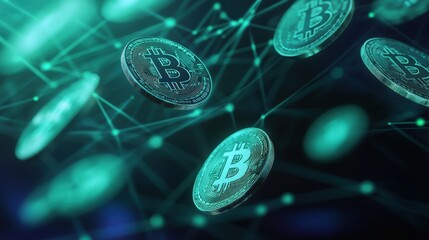 Floating Bitcoin Coins with Digital Background and Blockchain Technology Concept