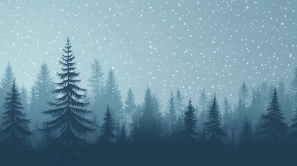 Winter Forest Silhouette with Falling Snowflakes Atmospheric and Serene Scene.