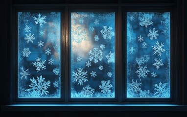 Festive Winter Window with Frosted Snowflakes and Soft Blue Light.