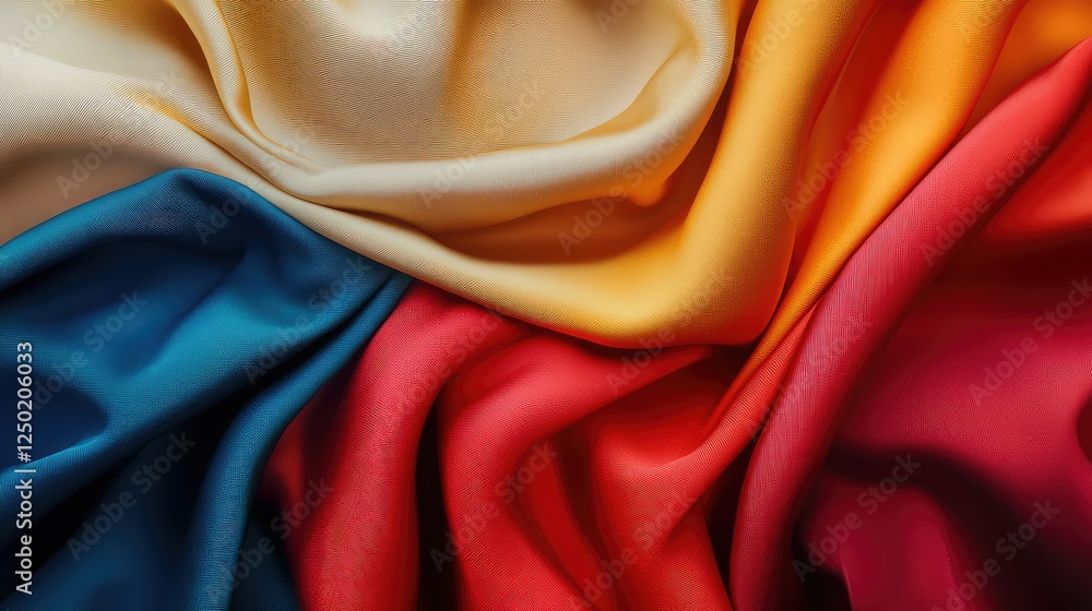 Poster vibrant colorful silks intertwined on a surface creating a stunning abstract fabric arrangement with