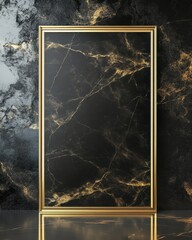Luxurious Black and Gold Marble Texture in Golden Frame, Elegant Minimalist Mockup.