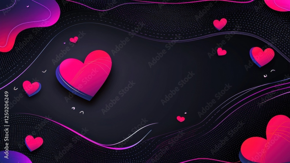 Poster abstract colorful heart shapes on dark background with wavy lines