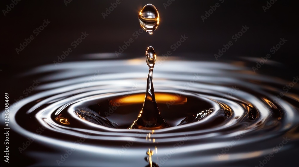 Aufkleber high-speed macro photograph of a liquid drop impacting a dark liquid surface, creating ripples and r