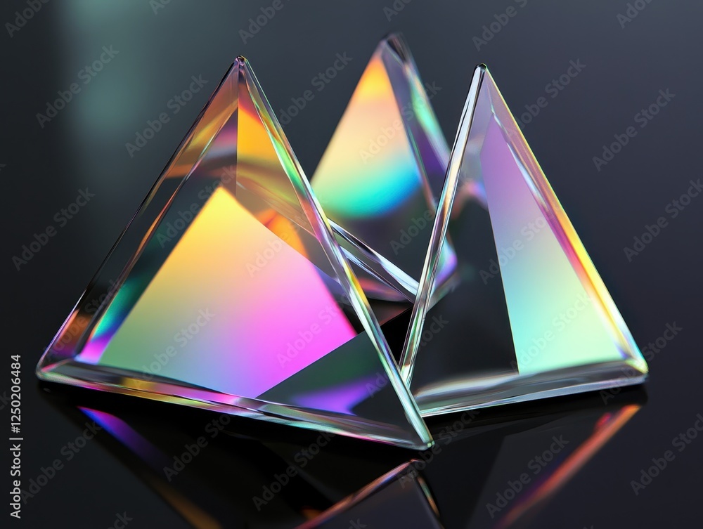 Poster abstract composition of transparent pyramids with spectral color dispersion on dark reflective surfa