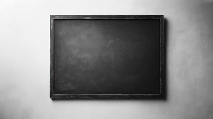 Empty Black Chalkboard with Rustic Wooden Frame on Textured White Wall, Mockup Template.