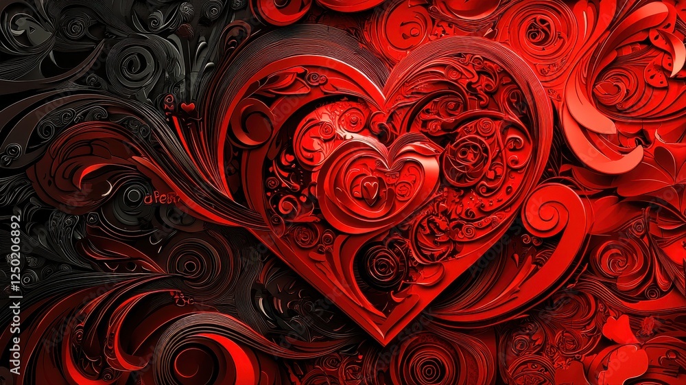 Poster Elegant Red Heart with Swirls and Patterns on Dark Background