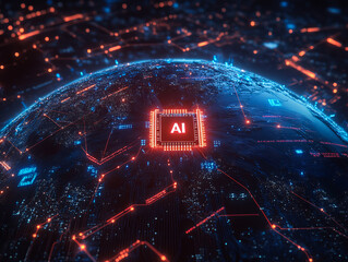 Glowing Earth with blue and red network lines on a black background. A red AI microchip shines at the center, symbolizing global technological progress.