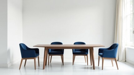 Modern Dining Room Set Elegant Table and Four Blue Velvet Chairs in a Minimalist Interior
