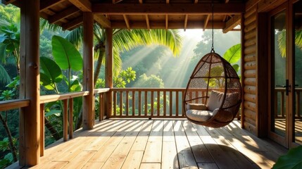 Obraz premium Serene Sunrise View from a Wooden Deck with Hanging Chair