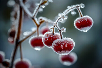 Bright red berries covered in a soft layer of frost, against a softly blurred winter background.