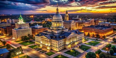 Lansing Michigan Aerial Night View: State Capitol & Downtown Skyline