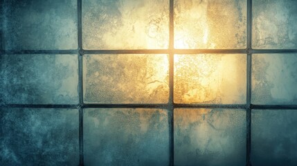 Naklejka premium Frosty Window Pane Texture with Sunlight Glow - Abstract Winter Background.