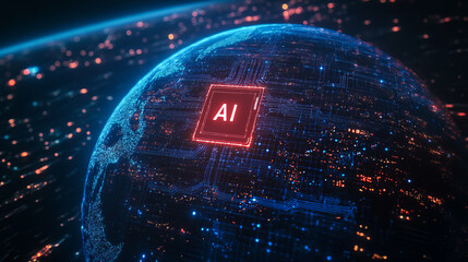 Glowing Earth with blue and red network lines on a black background. A red AI microchip shines at the center, symbolizing global technological progress.