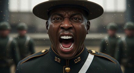 Angry drill sergeant barks orders at his recruits loudly