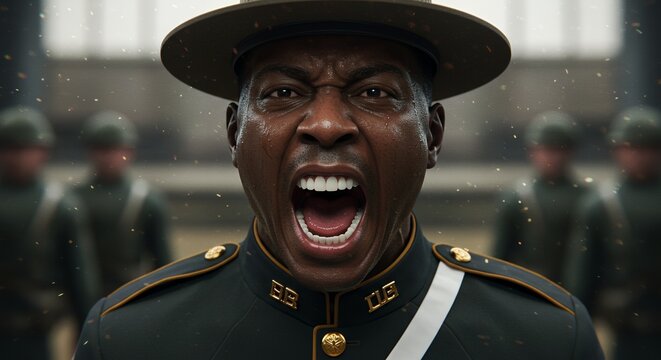Angry drill sergeant barks orders at his recruits loudly