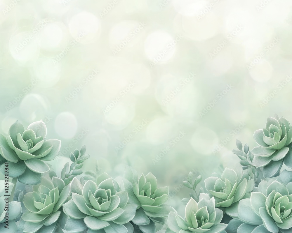 Poster elegant succulent border with soft bokeh background in muted green tones