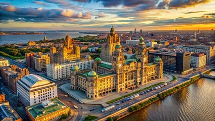 Obraz premium Liverpool Waterfront Aerial: Royal Liver Building & Cityscape Panorama