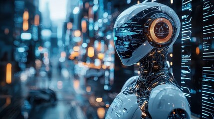 Futuristic robot display urban environment digital art sci-fi vibes close-up view technology concept