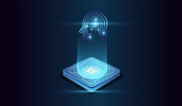 The glowing microchip at the base emitting a holographic human head of artificial intelligence. microchip and digital head of system at the center represents computational power